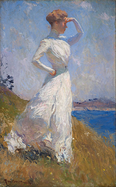 'Sunlight' by Frank Weston Benson 1909. Painting of woman in white dress looking out to sea.